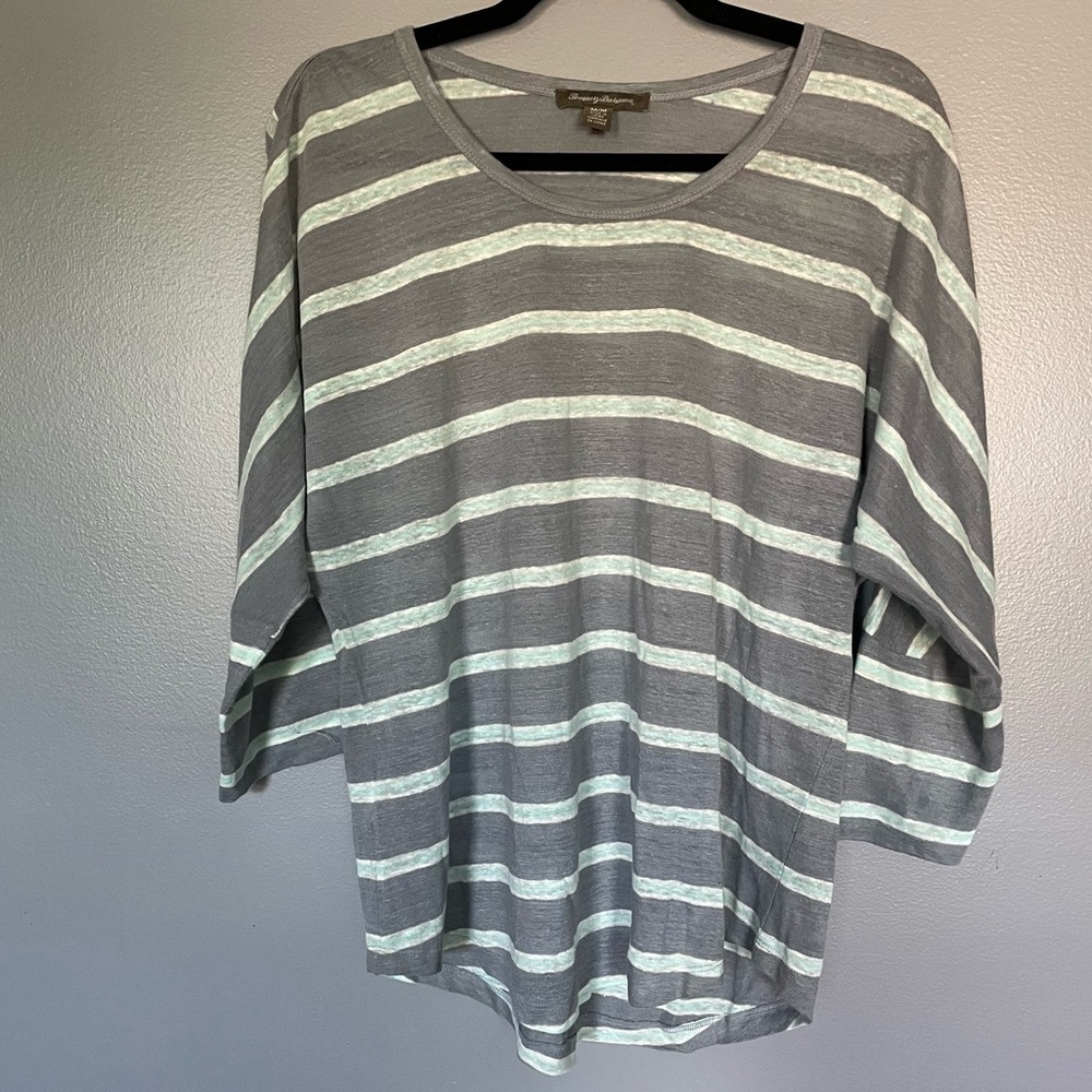 Tommy Bahama 100% linen striped blue dolman batwing 3/4 sleeve top size M